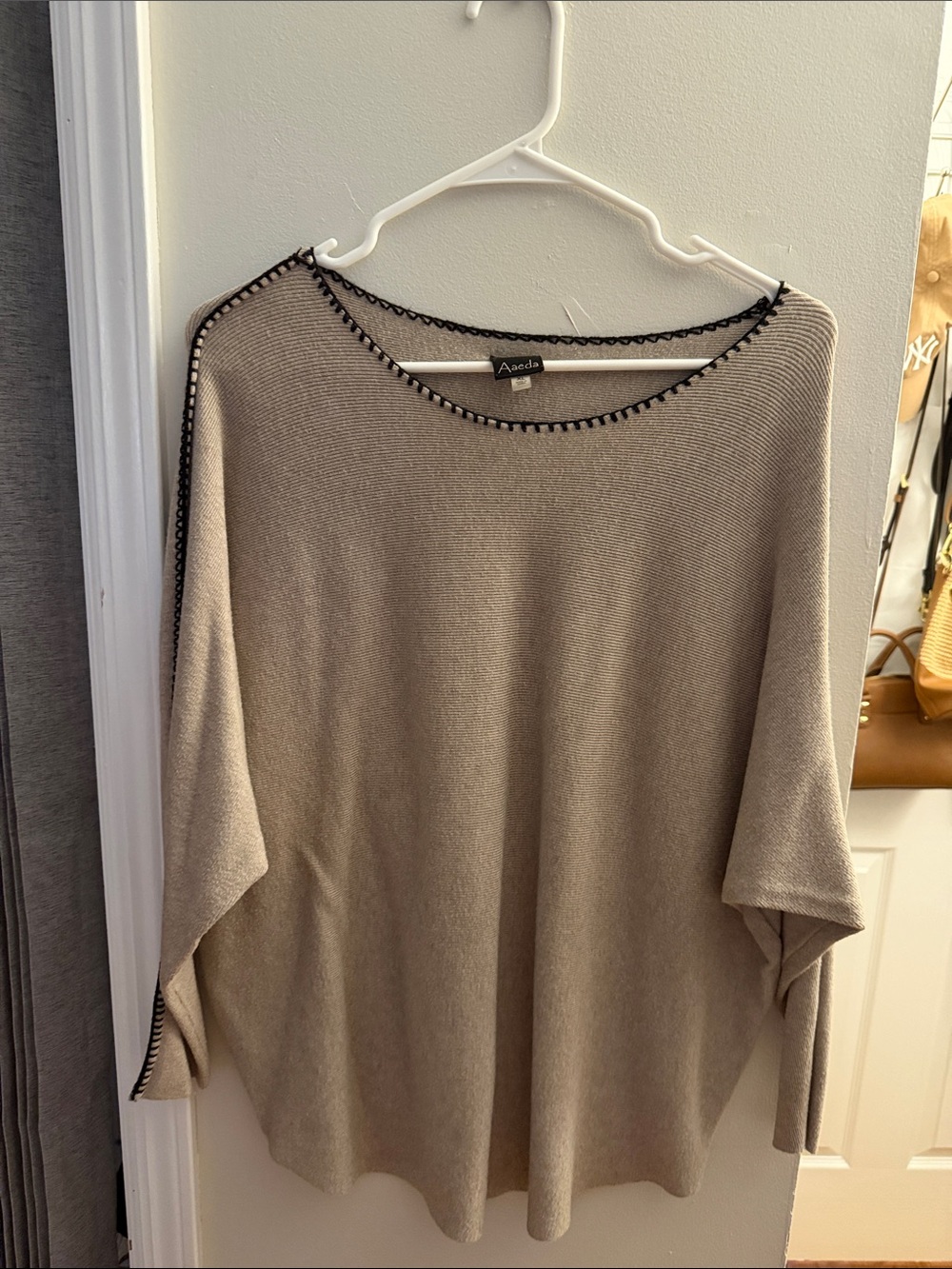 AVEDA Taupe Off-Shoulder Knit Sweater with Black Trim